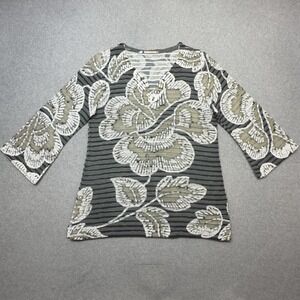 Before and Again‎ Banda Shirt Womens Large Gray Floral 3/4 Sleeve V Neck Tunic